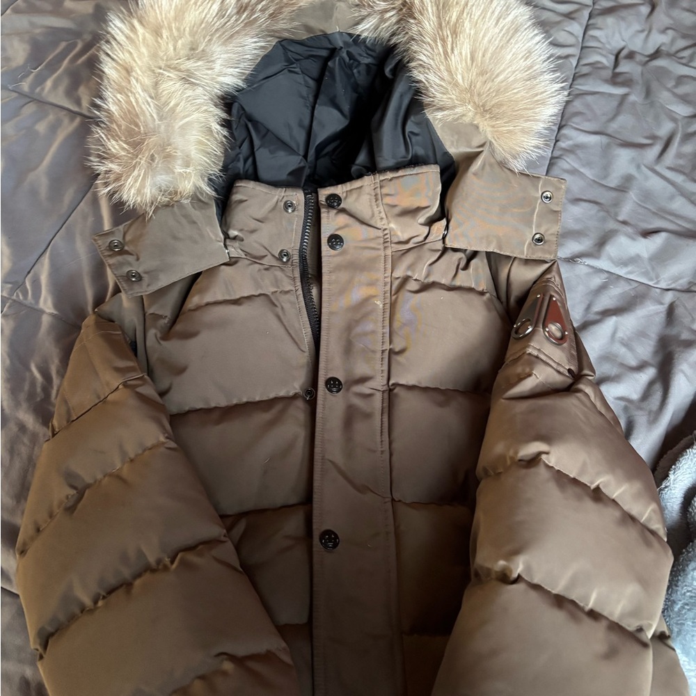 Moose Knuckles Tan Puffer Jacket with Faux Fur Hood